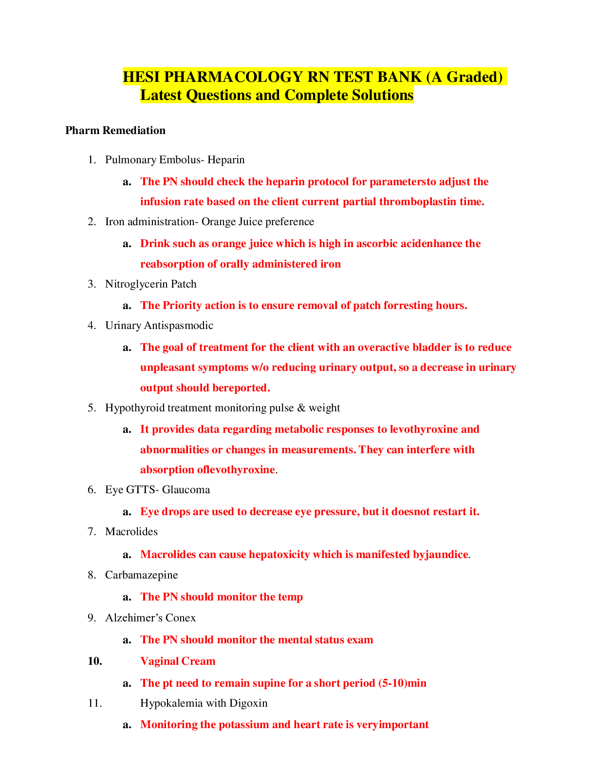 Preview image for HESI PHARMACOLOGY RN TEST BANK (A Graded) Latest Questions and Complete Solutions